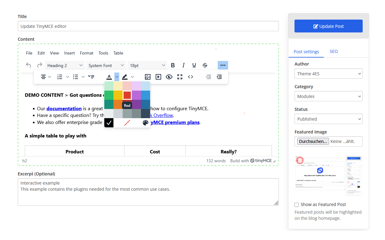 Update  Post Editor for TinyMCE